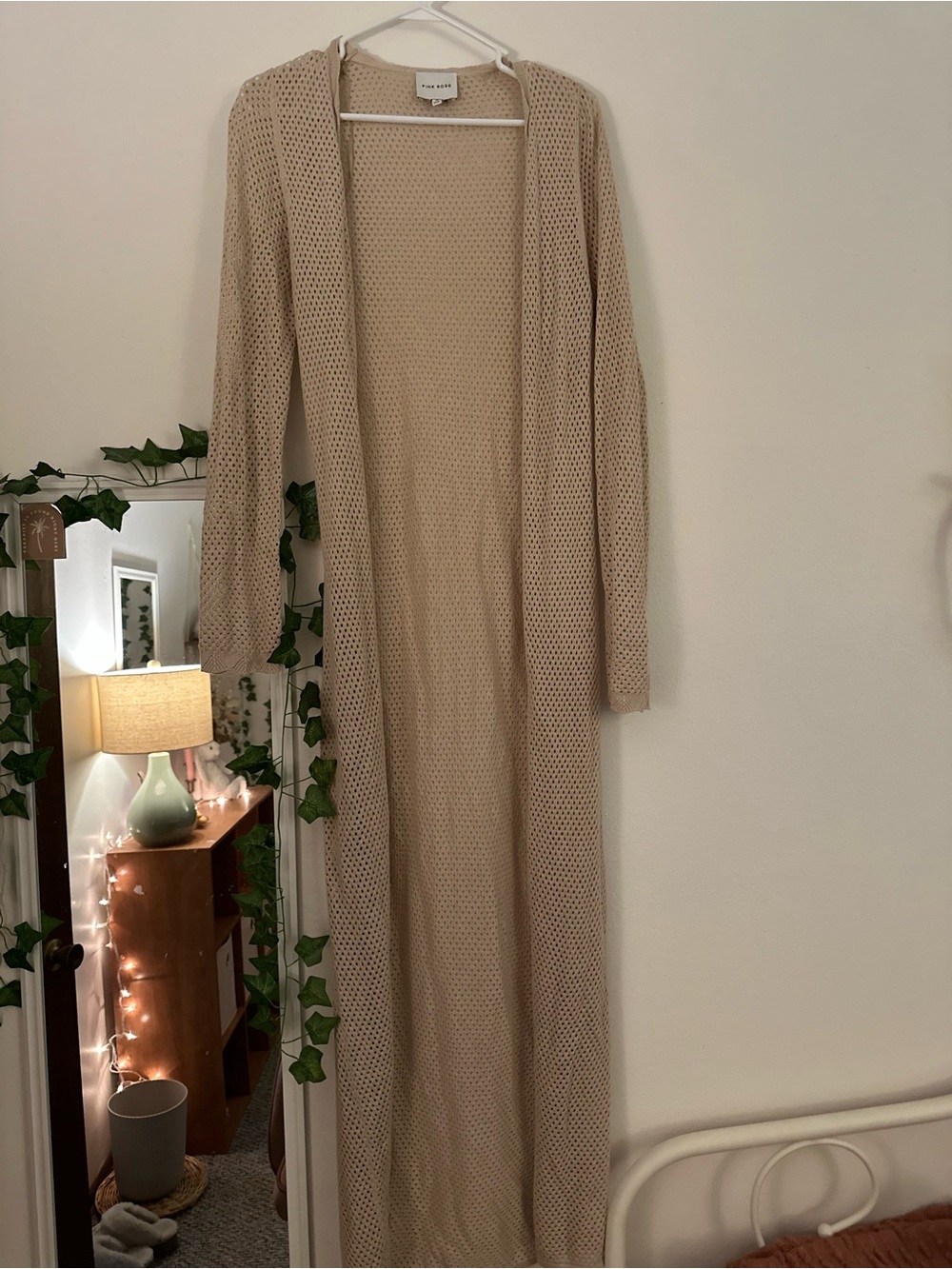 Pink Rose Beige Open-Knit Maxi Cardigan Dress